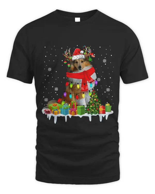 Xmas Shetland Sheepdog Christmas Lights Santa Reindeer Dog