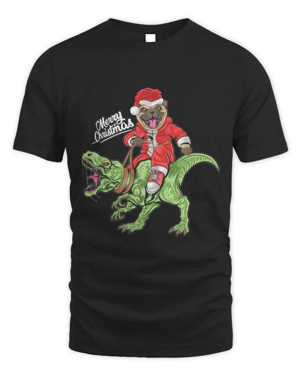 Christmas santa claus pug dog riding a rex dinosaur