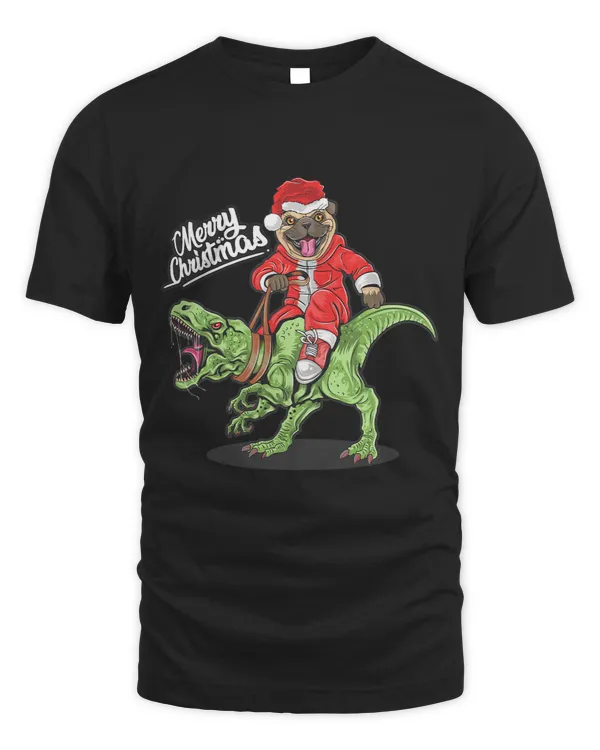 Christmas Santa Claus pug Dog riding Rex Dinosaur Funny Xmas