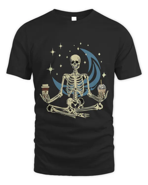 Skeleton Doing Yoga And Drinking Coffee Funny Meditation 1