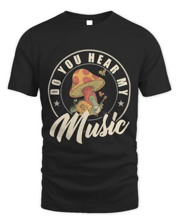 Snail with a banjo in a forest with mushrooms