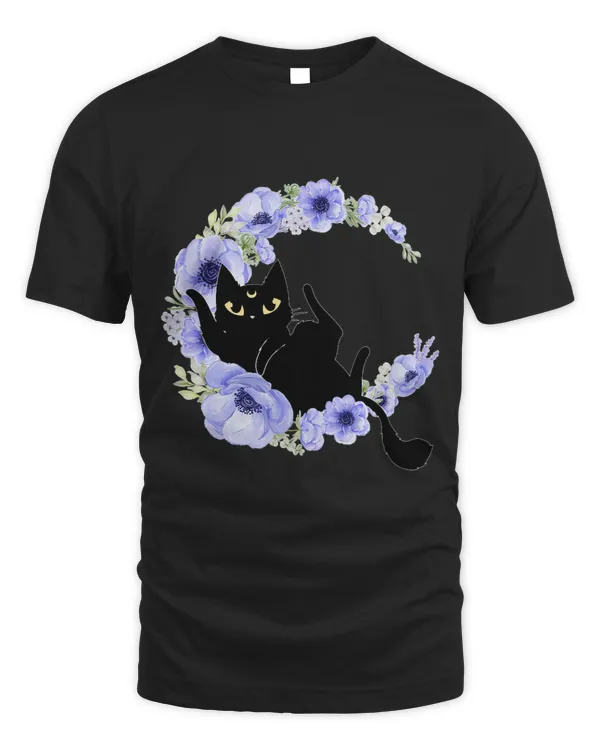 Cute Black Cat Blue Flower Crescent Moon Luna Celestial Moon