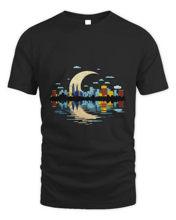 Chicago Flag Skyline at Night Crescent Moon Retro Designer