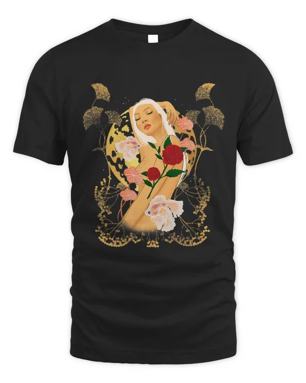 Gold Moon Goddess Koi Fish Botanical Floral Red Rose Stem