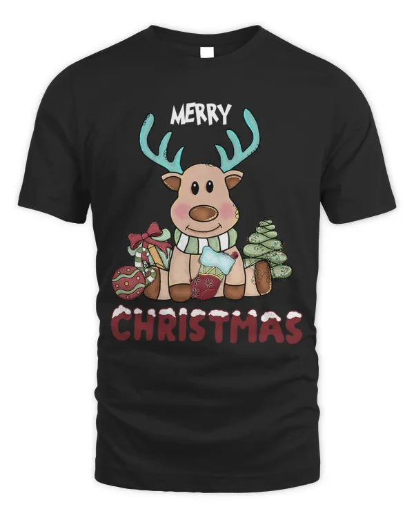 Cute reindeer with fairy lights sits between gifts