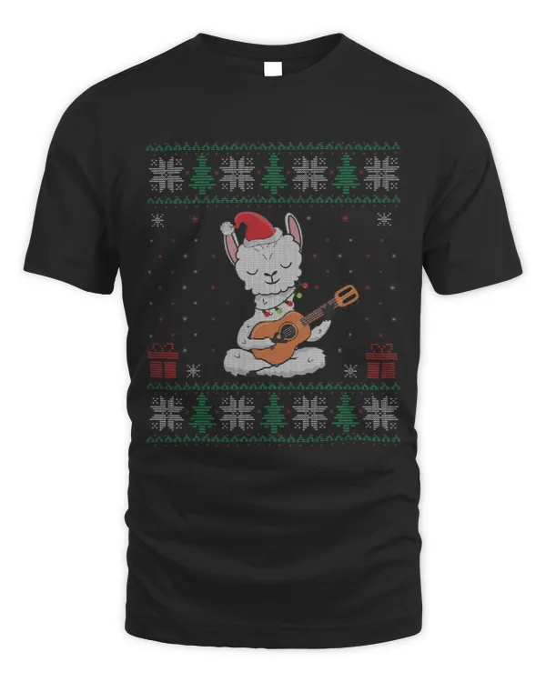 Llama Lover Ugly Christmas Sweater Llama Guitar Xmas Lights Family