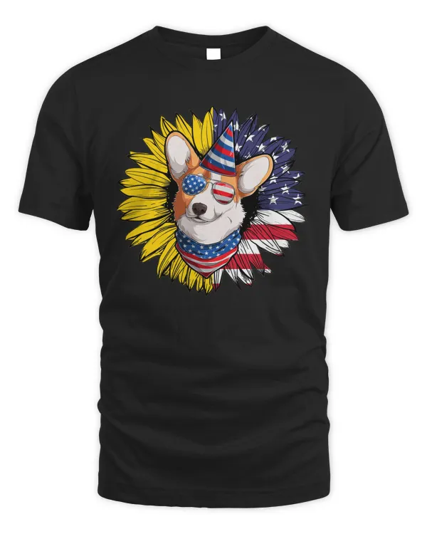 4th Of July Shirt, Cute Corgi Puppy Dogs And Sunflower Patriotic American Flag T-Shirt