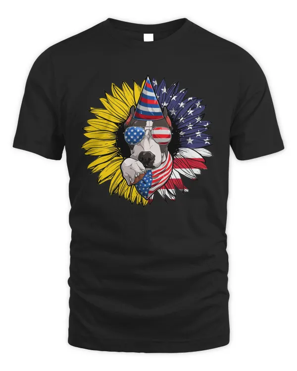4th Of July Shirt, Pitbull Dogs And Sunflower 4th July Patriotic American Flag T-Shirt