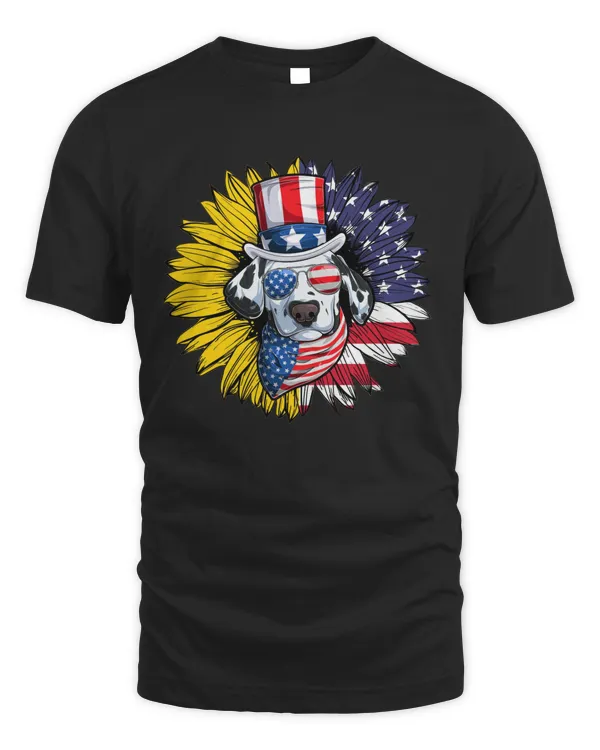 4th Of July Shirt, Dalmatian Dog And Sunflower 4th Of July Patriotic American Flag T-Shirt