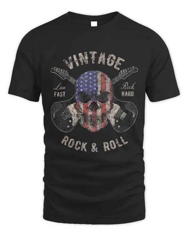 American Flag Guitar Vintage Rock and Roll Skull Guitarist T-Shirt