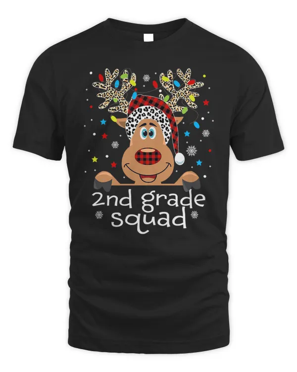 2nd Grade Squad Plaid Reindeer Santa Hat Teacher Christmas T-Shirt