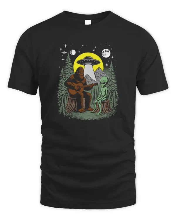 Funny Bigfoot And Alien Playing Guitar Bigfoot UFO