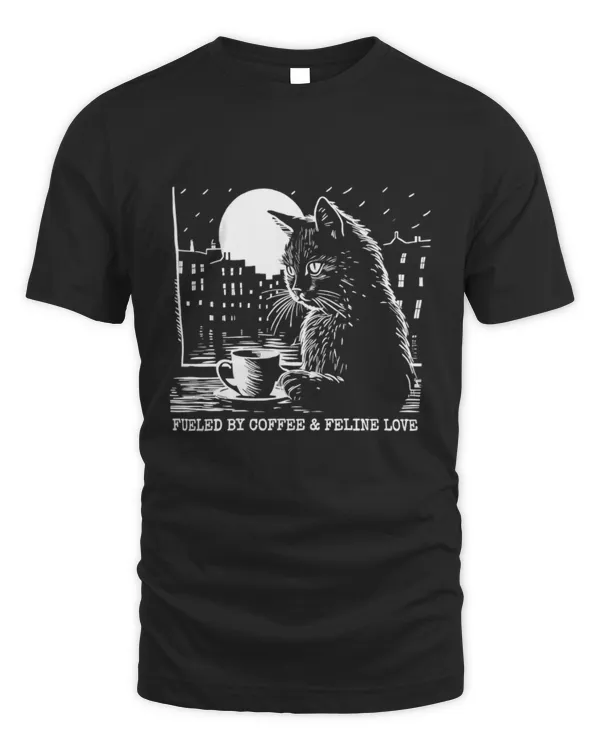 Fueled By Coffee And Feline Love T-Shirt, Coffee Cat Shirt, Black Cat Coffee Lover Shirt