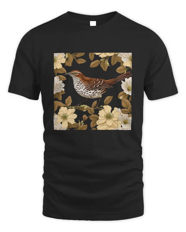 A Brown Thrasher Bird Surrounded By Rose Flowers T-Shirt