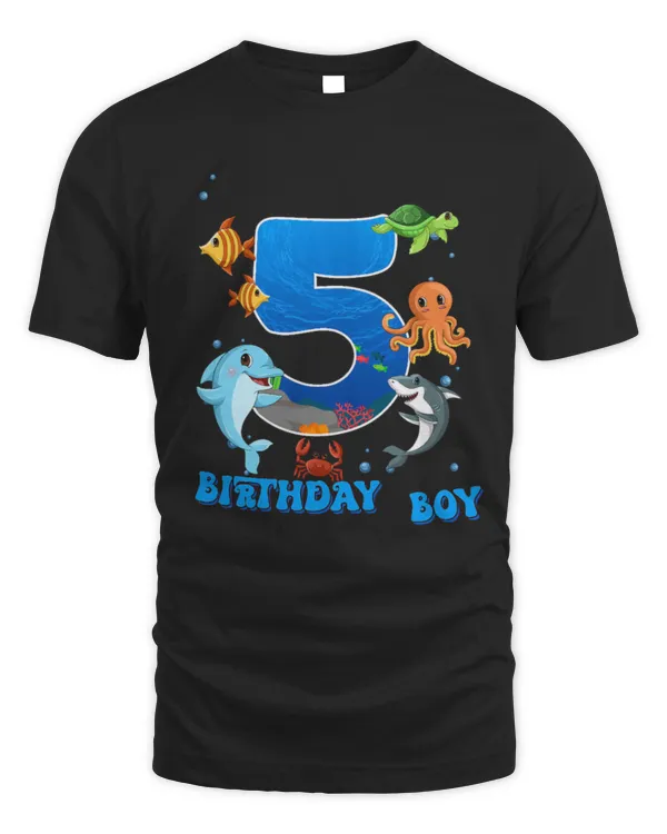 5th Birthday Party Ocean 5 Year Old Sea Fish Birthday Boy T-Shirt