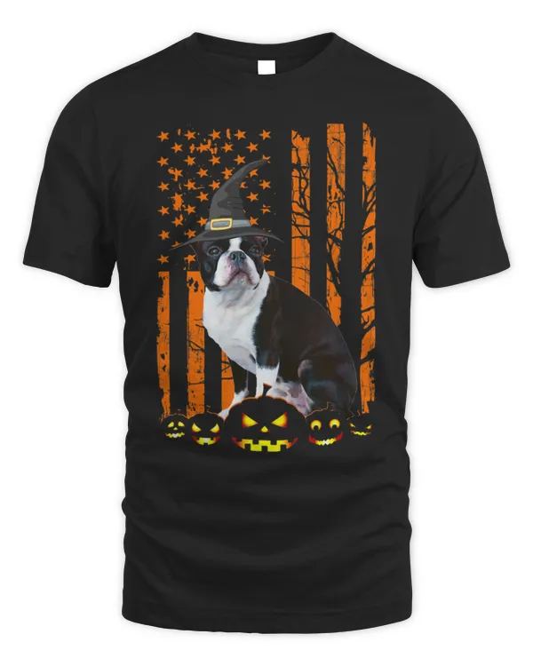 Cute Boston Terrier Pumpkin American Flag Witch Halloween