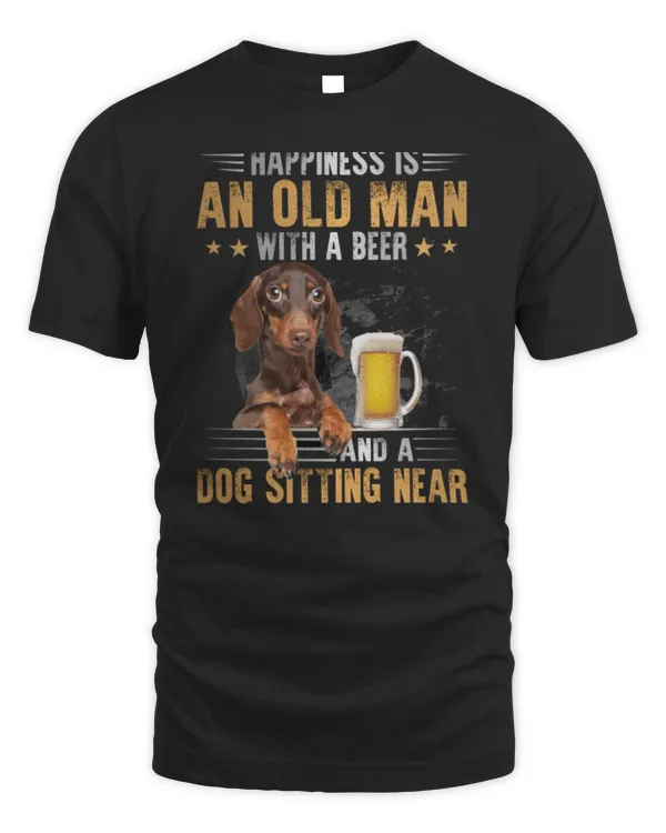 Old Man With A Beer A Brown Dachshund Sitting Near