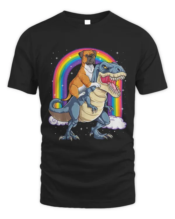 Boxer Riding Dinosaur T rex Gift Dog Lover Boys Kids Rainbow T-Shirt