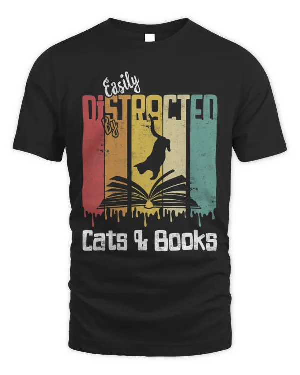 Easily Distracted By Cats  Books tee Retro Vintage Reader T-Shirt