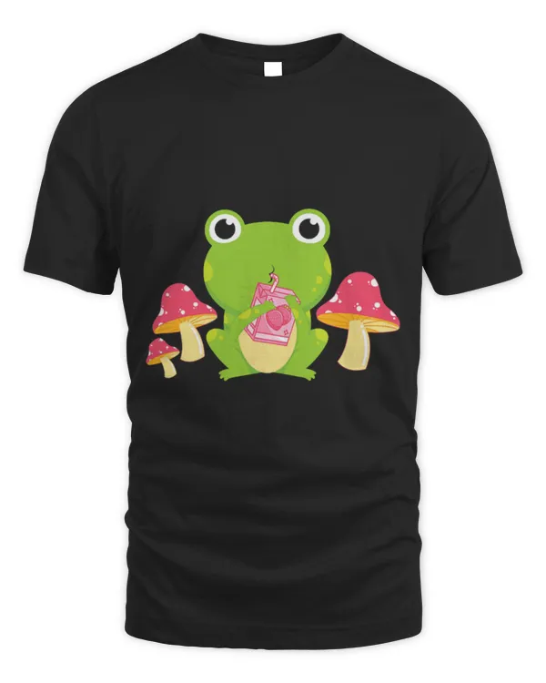 Frog Pet Kawaii Frog Drinking Strawberry Milk Cottagecore Mushrooms