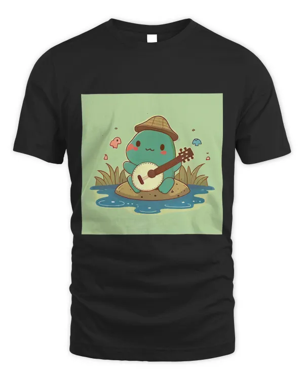Frog Pet wearing cute hat playing banjo in pond with birds