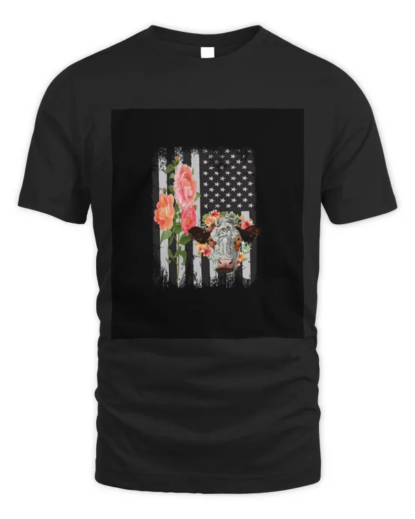 Cute Cow Floral Cow With USA Flag Funny Graphic Cow Lover Tee Cute Cow Floral Cow With USA Flag Funny Graphic Cow Lover Tee