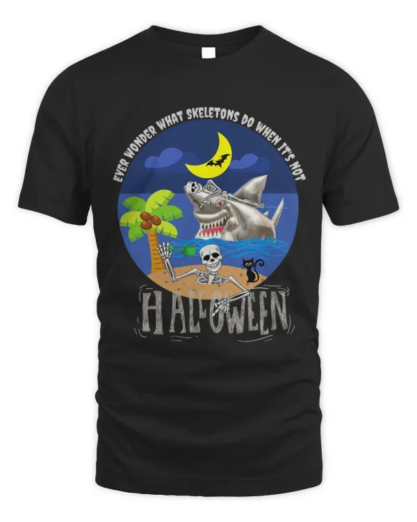 Shark Pet Funny Skeleton riding shark for Halloween on beach with cat
