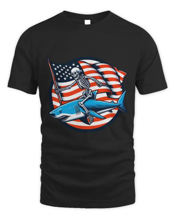 Shark Pet Funny Skeleton Ride Shark American Flag 4th Of July