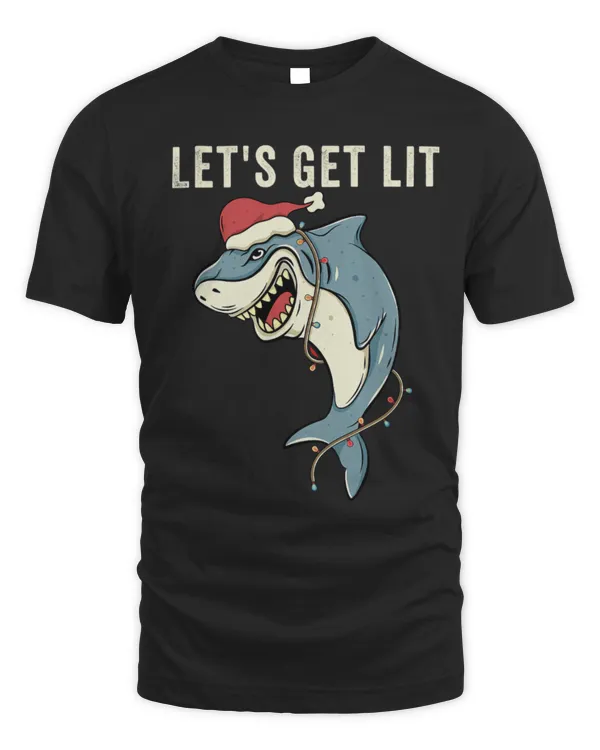 Shark Pet Let s Get Lit Christmas Lights Pun Funny Shark Santa Meme