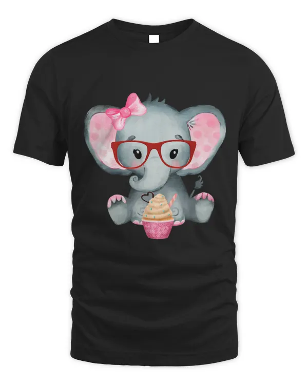 Cute Girl Baby Elephant Wearing Bow Tie 2Glasses w Cupcake
