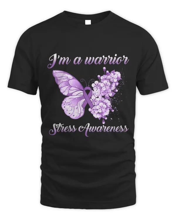 Lavender Ribbon Butterfly I’m A Warrior Stress Awareness T-Shirt (1)