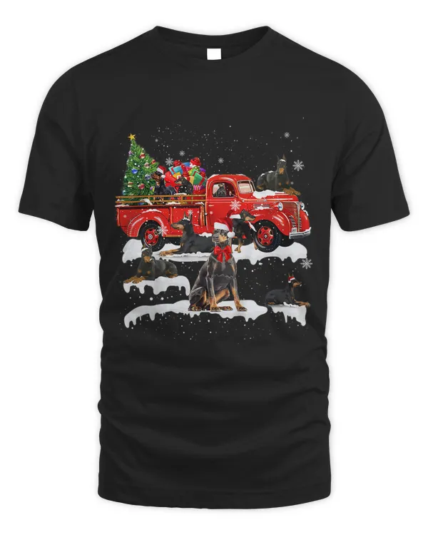 Dobeman Dog Driving Xmas Truck Christmas Tree Lights T-shirt