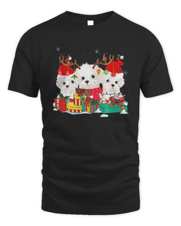 Maltese Christmas Box Tree Santa Hat Reindeer Lights Xmas T-Shirt