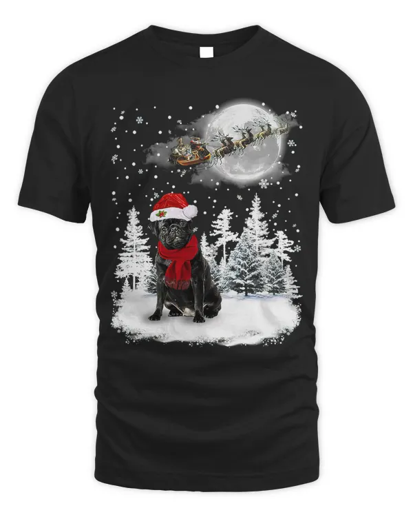 Pug On Snow Christmas Moon Lighting Santa Hat2