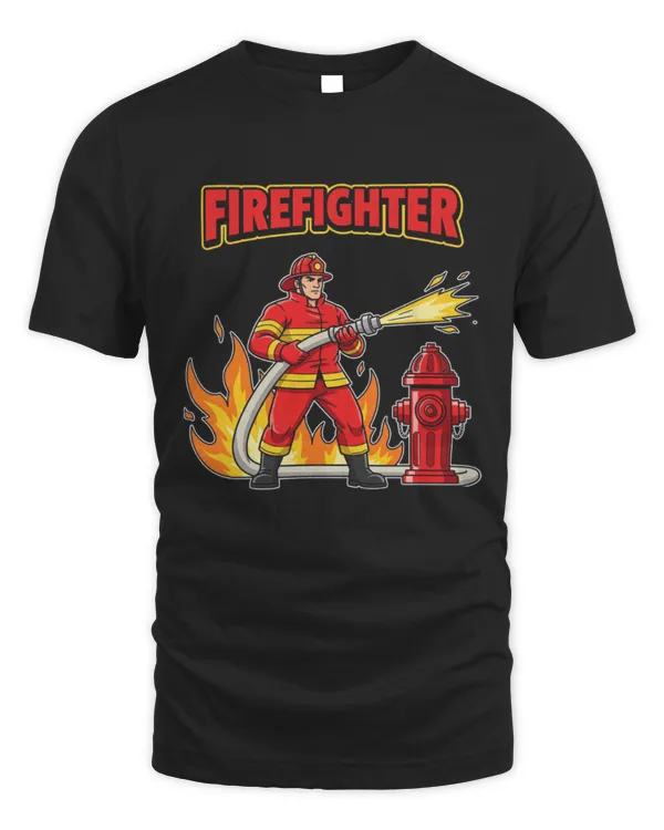 Cartoon Firefighter With Fire Hose And Hydrant T-Shirt