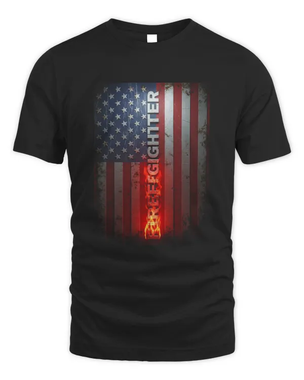 American Flag Vertical Firefighter Flames T-Shirt