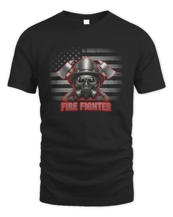 Firefighter Skull Gas Mask American Flag T-Shirt