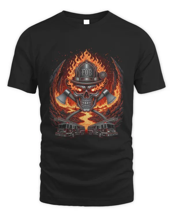 Flaming Skull Firefighter Helmet And Fire Trucks T-Shirt