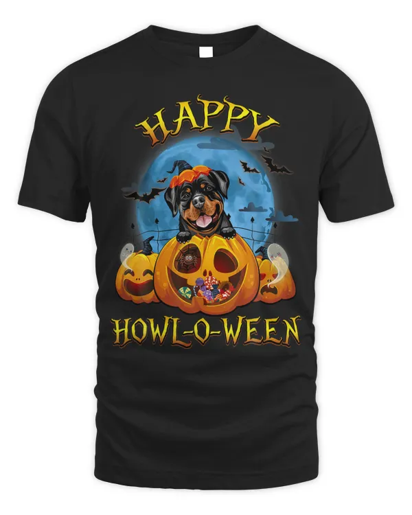 Happy Halloween Rottweiler With Moon Pumpkin Dog L Shirt