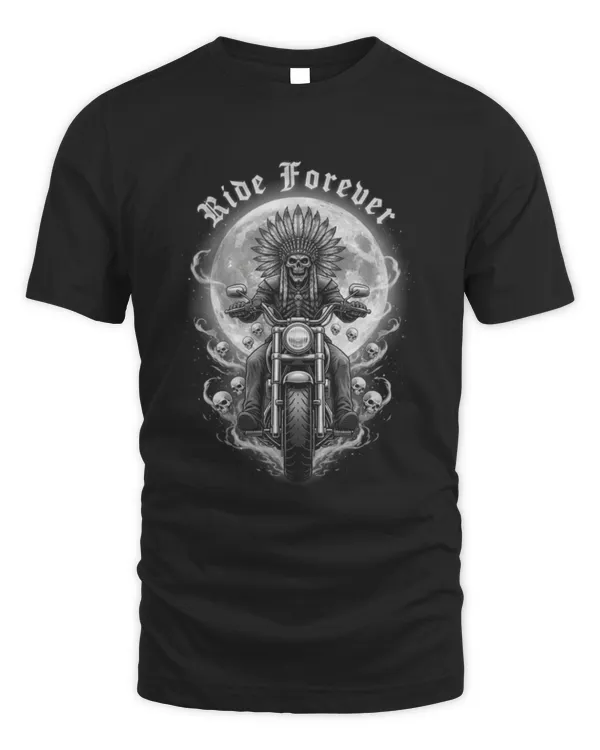 Ride Forever Native American Skull Moonlight Biker T-Shirt