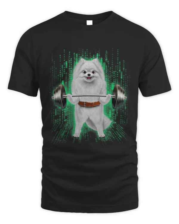 White Pomeranian Dog Weightlifting in Cyber Fitness Gym