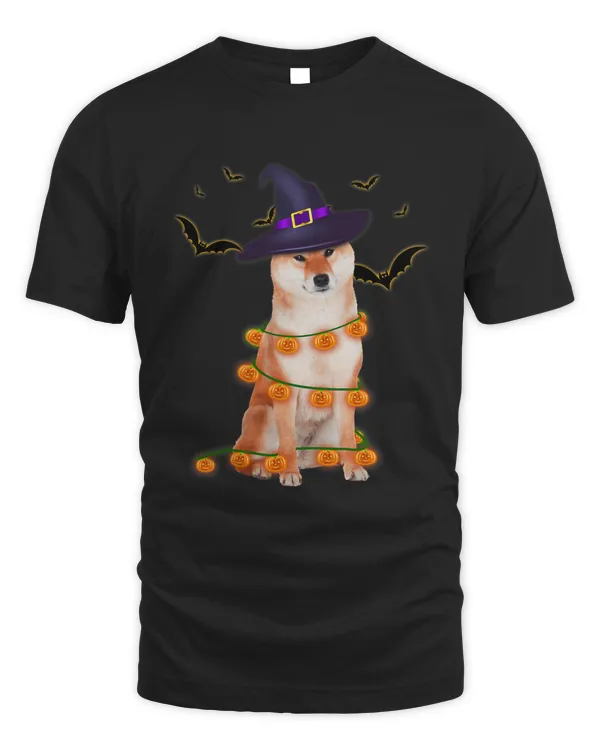 Shiba Inu Wizard Hat Tree Lights Pumpkin Funny Halloween Tee 73