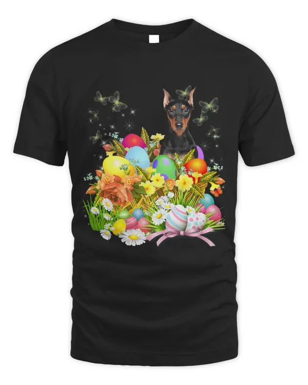 German Pinscher Bunny Dog With Easter Eggs Basket Cool