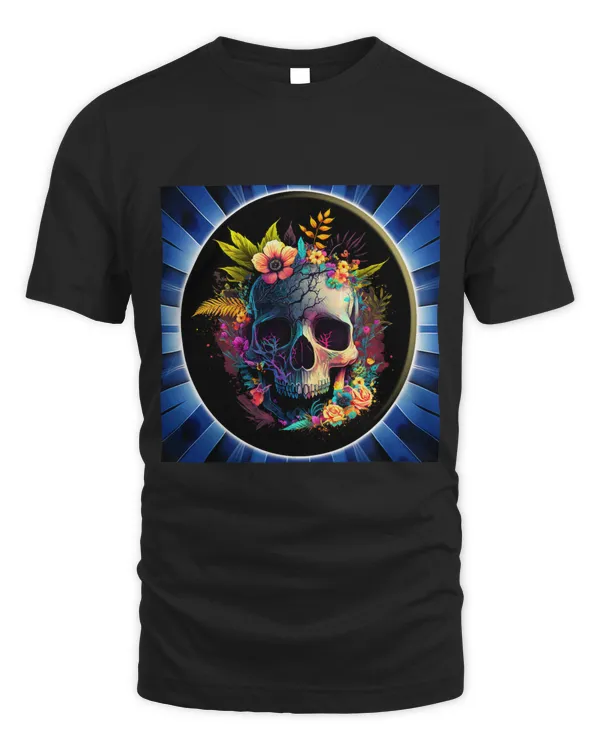 Blue Sun Rays Striking Skull and Beautiful Flowers