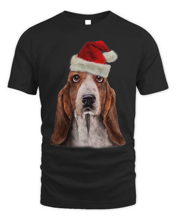 T Shirt Basset Hound Dog in Santa Hat Christmas