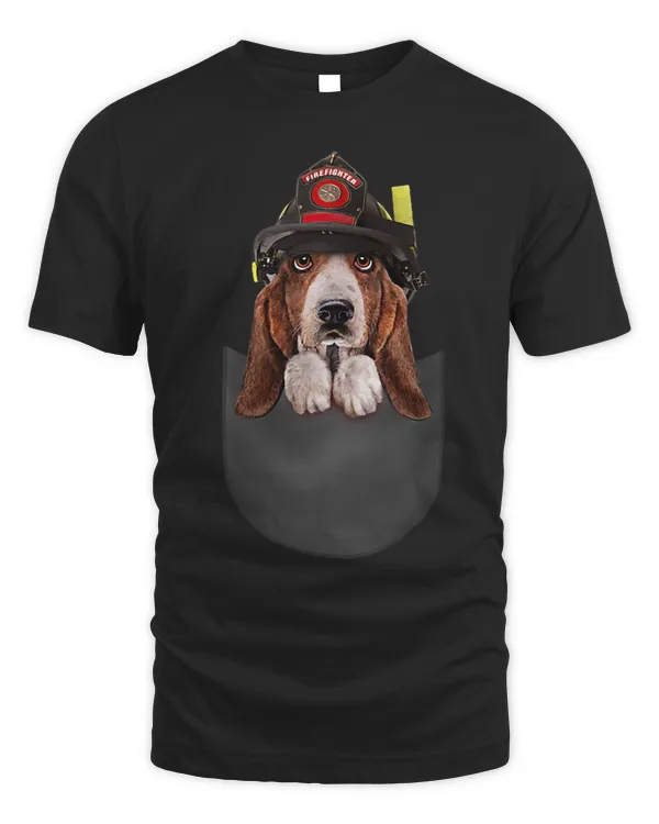 T Shirt Brave Basset Hound Dog Firefighter Helmet Pocket