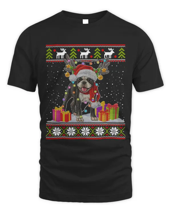 Ugly Sweater Christmas Lights Boston Terrier Dog Lover