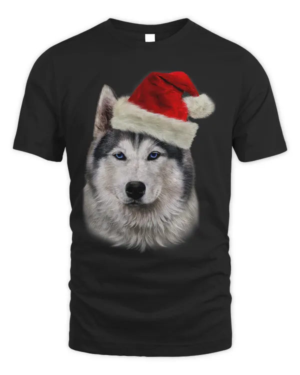 T Shirt Fluffy Siberian Husky in Santa Hat Christmas Dog