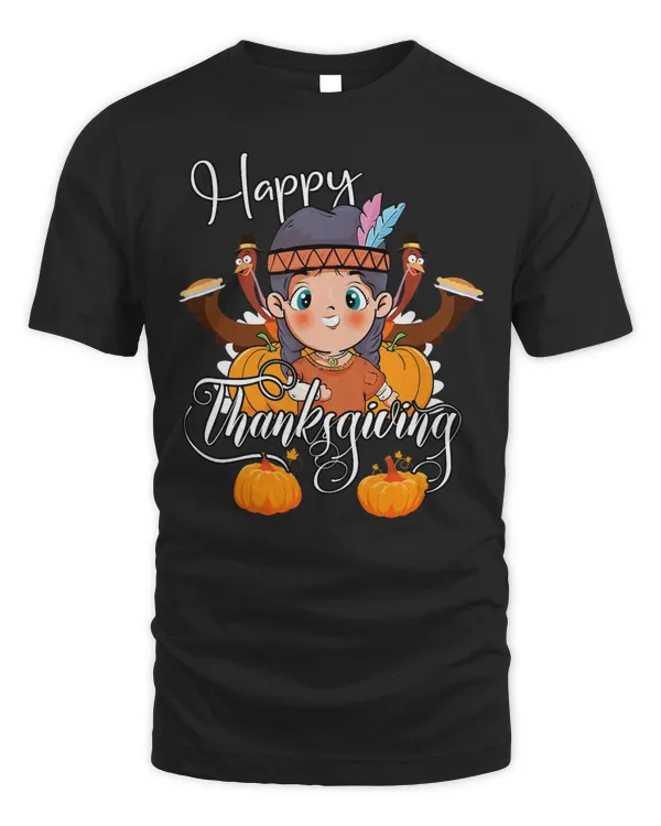 Thanksgiving Day Native American Turkey Cute Girl Headdress T-Shirt