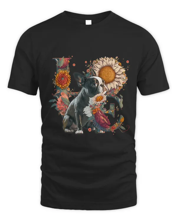 Cute Boston Terrier Sunflower LOVE Word Drawing Art